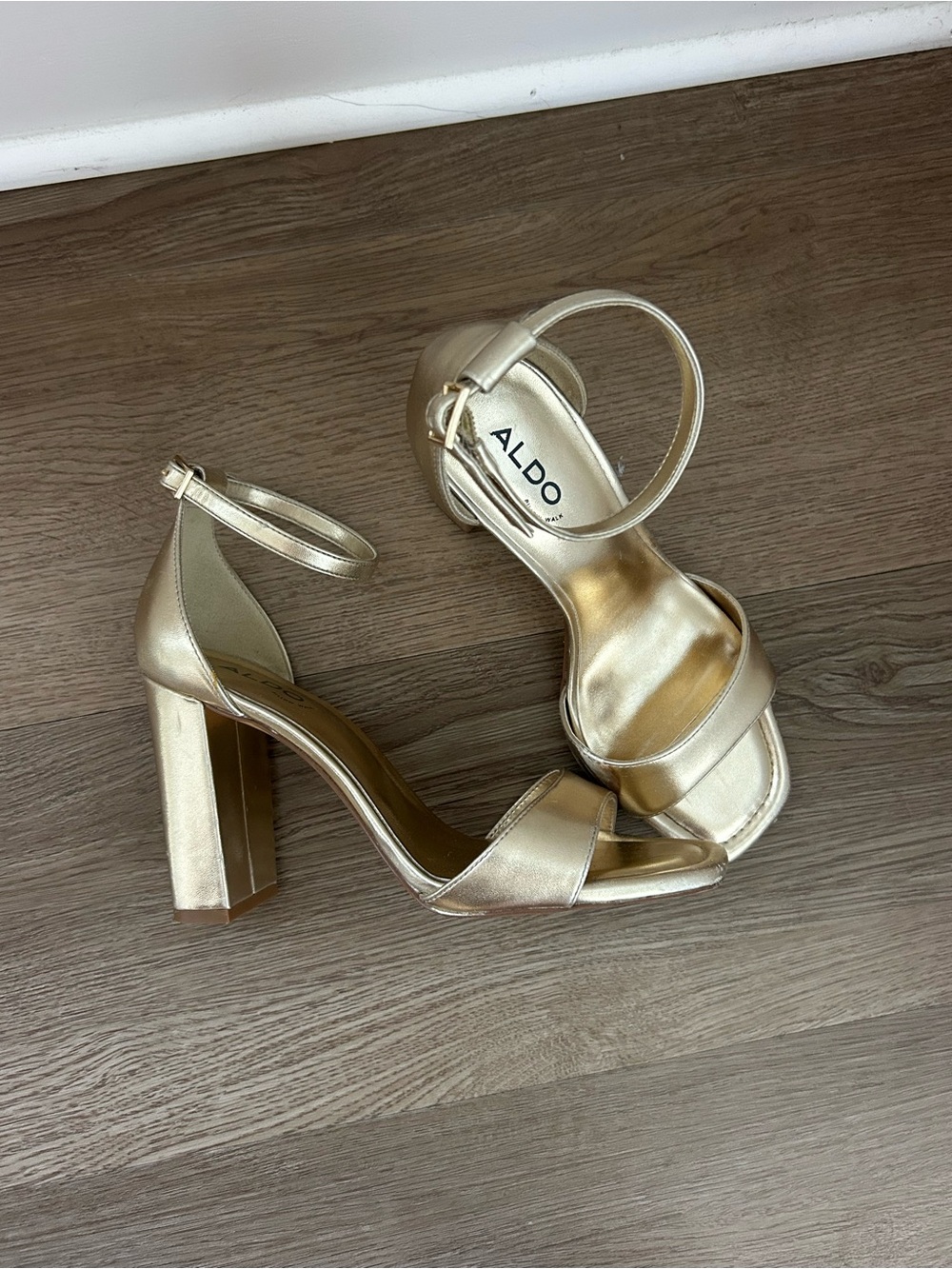 Aldo Metallic Gold Ankle-Strap Block Heel Sandals